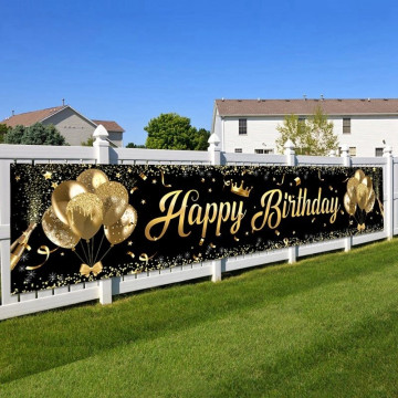 Банер "Happy Birthday" 20030 см – Чорно-золотий святковий декор для дня народження